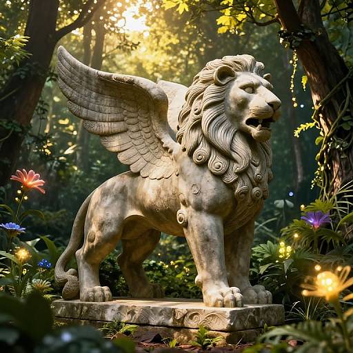 Majestic Winged Lion Statue in Enchanted Forest