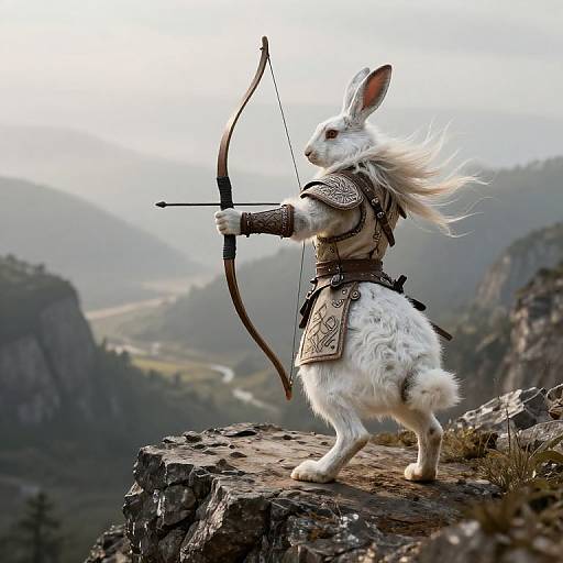 Digital artwork of a white-furred, anthropomorphic rabbit archer in medieval armor, standing on a rocky cliff, drawing a bow in a misty