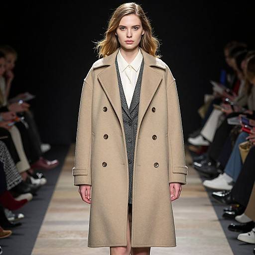 Photograph of a blonde woman on a runway, wearing a beige double-breasted coat over a white shirt and black dress, with an audience seated on