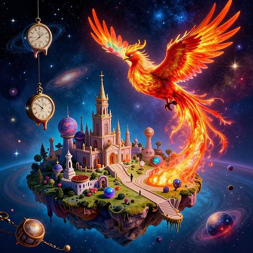 Digital fantasy artwork: vibrant phoenix with fiery plumage soaring above a whimsical floating castle surrounded by clock pendulums, space, and planets.