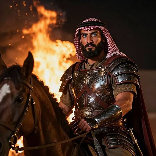 Photograph of muscular bearded man in medieval Roman armor, red-checkered keffiyeh, riding horse with bright orange fire in background.