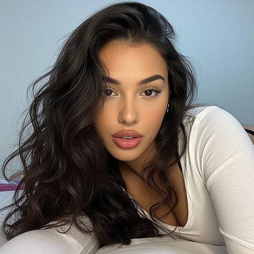 Photograph of a beautiful Latina woman with long, wavy black hair, full lips, and dark eyes, wearing a white long-sleeve top