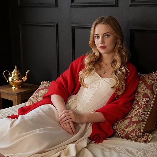 Photograph of a blonde woman with fair skin, wearing a red shawl and cream corset dress, seated on an ornate bed with patterned