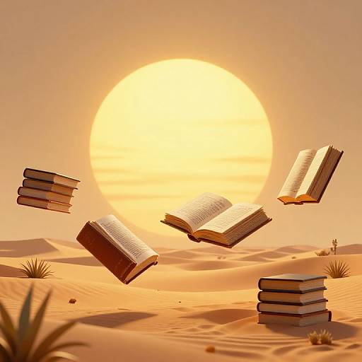 Photograph of open books and stacked books floating in a desert at sunset, with a large, bright sun casting warm orange light.