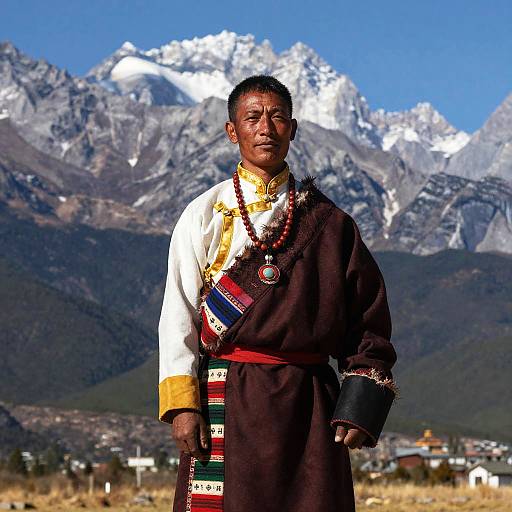 Photograph of a middle-aged, dark-skinned man in traditional Tibetan clothing with colorful patterns, standing in front of snow-capped mountains and a clear