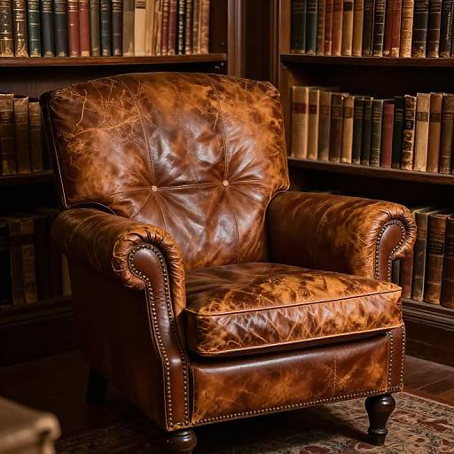 Photograph of a worn, brown leather armchair with tufted back and rolled arms, surrounded by tall, dark wooden bookshelves filled with