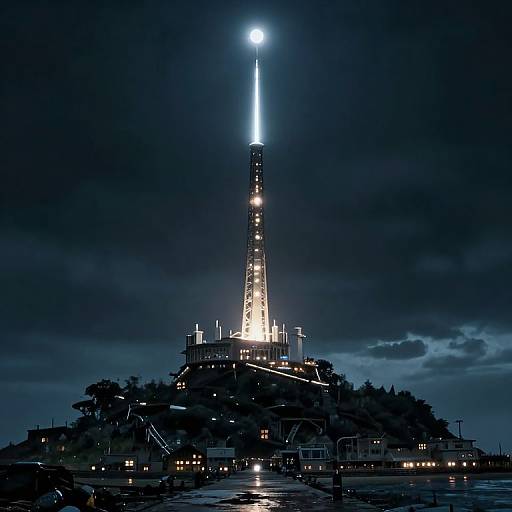 Nighttime photograph of a tall illuminated tower with a bright blue light at the top, standing on a dark, cloudy hill.