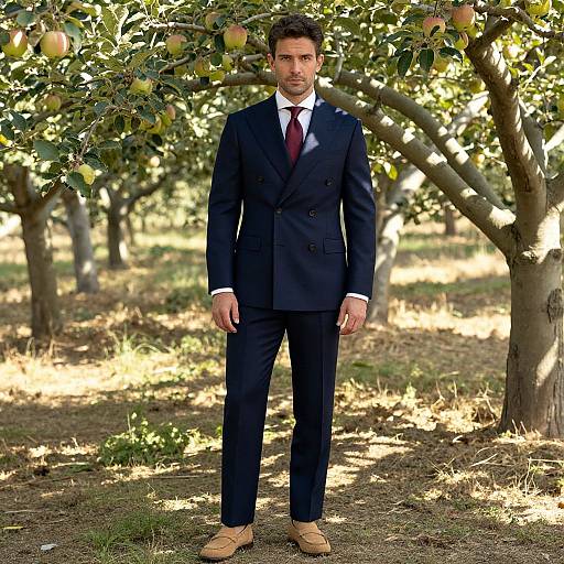 Photograph of a handsome man with short dark hair, wearing a black suit, white shirt, red tie, and tan shoes, standing in a sun