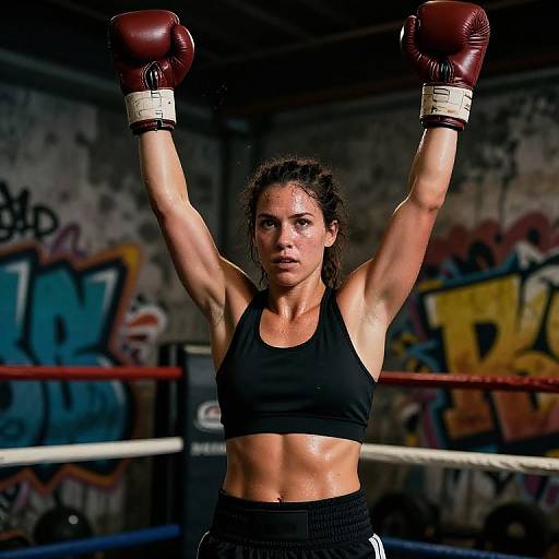 Photograph of a muscular, tan-skinned woman with wet, dark hair, wearing a black sports bra and boxing gloves, arms raised in a gritty