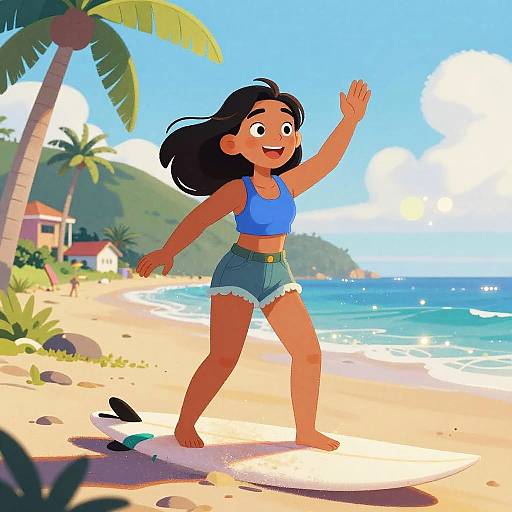 Gouache Surfer Girl in Caribbean Hues