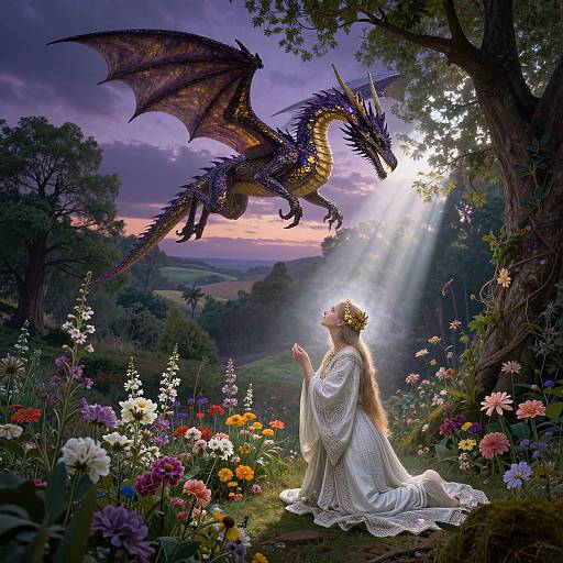 Photorealistic fantasy image: A fair-haired woman in white dress kneels in sunlit flower garden, gazing at a purple dragon with golden scales