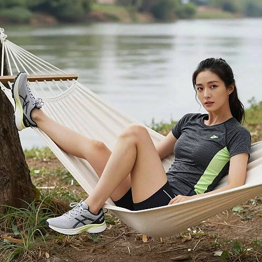Woman Relaxing in Hammock by River