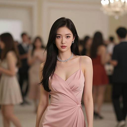 Photograph of an Asian woman with long black hair, wearing a pink, V-neck, satin gown and pearl necklace, standing in a blurred, elegant