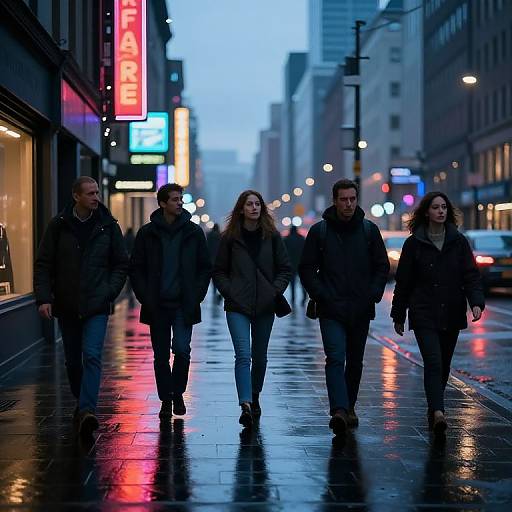 Photograph of four people walking on a wet, neon-lit city street at dusk, wearing dark winter clothing, with blurred lights in the background.
