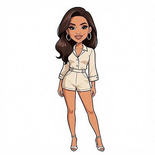 Digital drawing of a confident woman with long, wavy black hair, wearing a white button-up romper, hoop earrings, and white sandals, standing