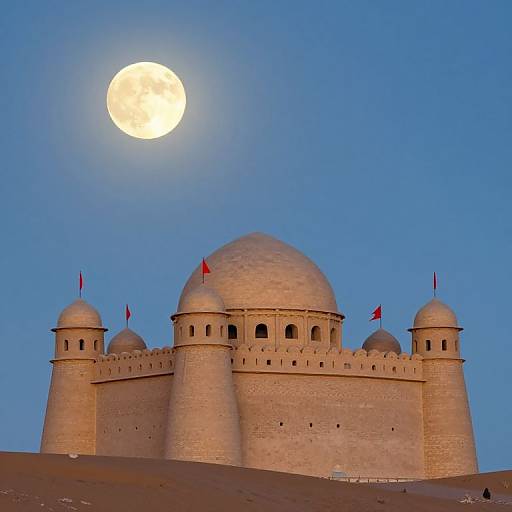 Photograph of a sand-colored fortress with four domes, each topped with a red flag, under a bright full moon in a clear blue sky.