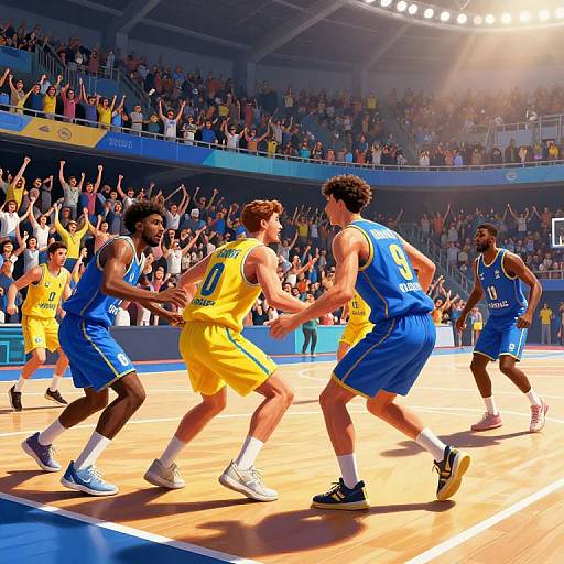 Photograph of a dynamic basketball game: five players in blue and yellow uniforms sprinting on a sunlit wooden court, with cheering, diverse crowd in