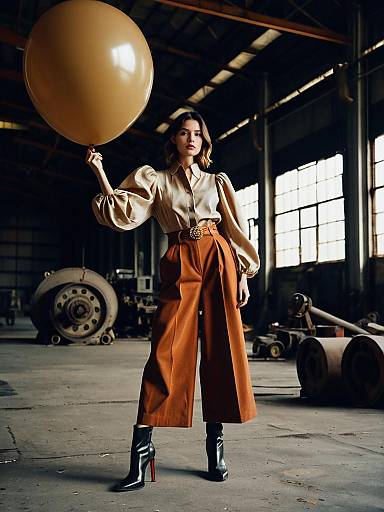 Fashionable woman in rust culottes and high heels in industrial setting