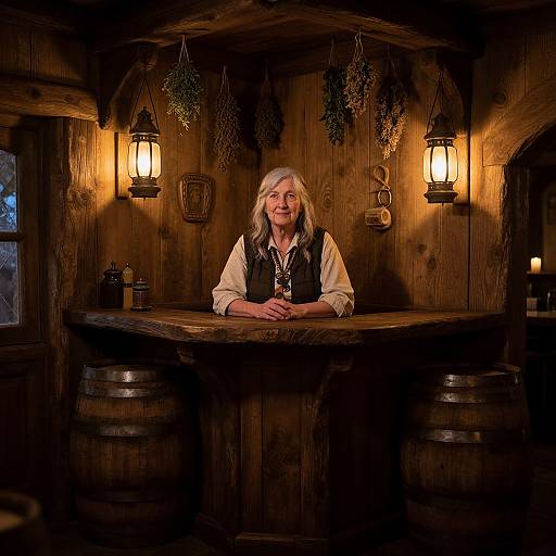 Photograph of a smiling elderly woman with long gray hair, wearing a white shirt and black vest, standing behind a wooden bar in a warmly lit,
