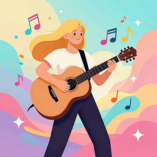 Digital illustration of a smiling blonde woman with long hair, playing an acoustic guitar, surrounded by colorful musical notes and clouds.