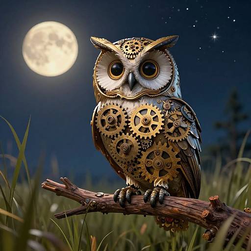 Digital art of a steampunk owl with gears on its body, perched on a branch under a full moon in a starry night sky.