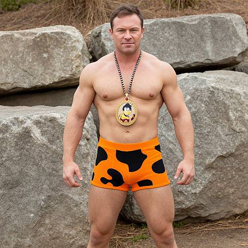 Photograph of a muscular, fair-skinned man with short brown hair, wearing orange cow-print boxer shorts and a large, gold medal necklace, standing