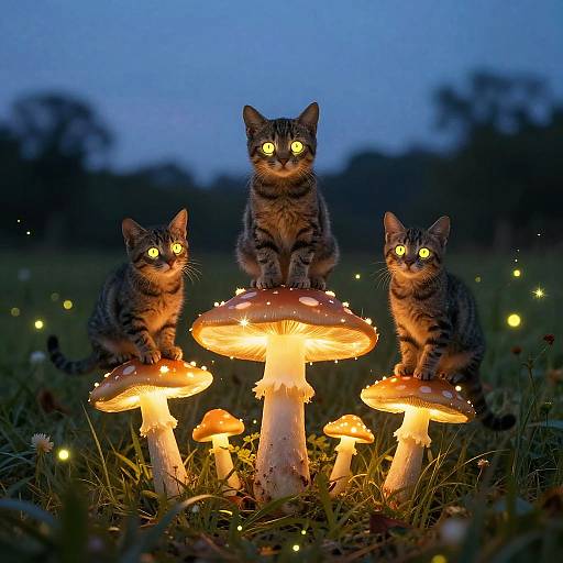 Glowing Cats on Enchanted Mushrooms
