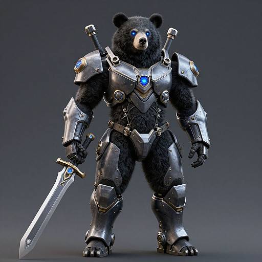 CGI image of a black bear in futuristic, silver armor with blue glowing eyes, holding a sword, standing against a dark gradient background.