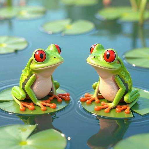 CGI image of two bright green frogs with large red eyes, orange webbed feet, and white bellies, sitting on lily pads in a