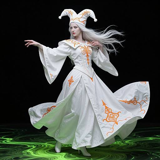 Digital art of a white-haired woman in a flowing white robe with orange embroidery, jester hat, and white shoes, against a black background, with