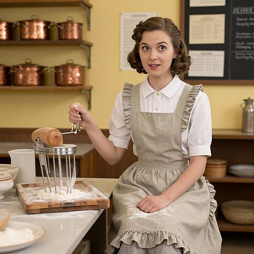 Vintage-style photograph of a brunette woman in a white shirt and beige apron, using a manual mixer on a wooden board in a cozy, copper-p