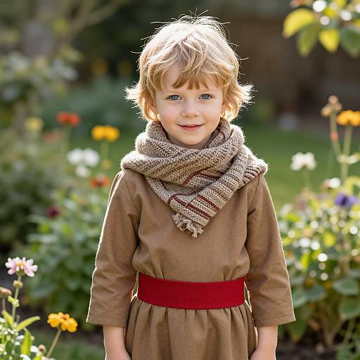 Photograph of a blonde, blue-eyed toddler with tousled hair, wearing a brown dress, red belt, and beige scarf, standing in a vibrant