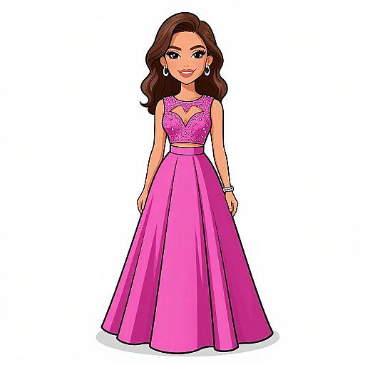 Digital illustration of a smiling woman with wavy brown hair, wearing a pink, sleeveless, floor-length gown with a sparkling bodice, standing against