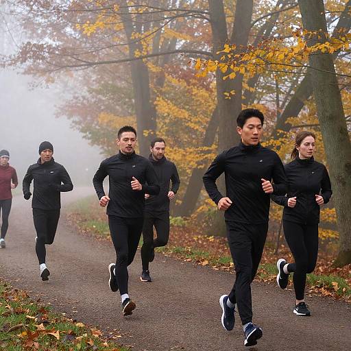 Joggers Racing Through Misty Autumn Forest