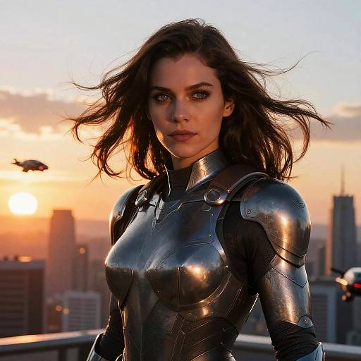 Photorealistic digital artwork of a strong, dark-haired woman in shiny, metallic armor standing on a rooftop at sunset, cityscape with flying drone in