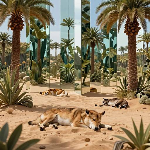 Photorealistic CGI of a desert scene with three resting foxes, palm trees, and cacti reflected in vertical glass panels.