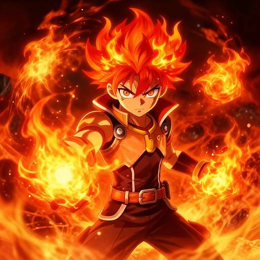 Digital anime-style illustration of a red-haired, fiery-eyed young man with spiky hair, wearing black armor, surrounded by bright orange flames. Intense