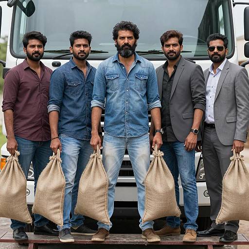 Five Men on Truck Edge with Burlap Sacks