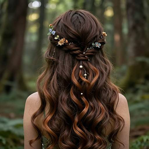Photograph of a woman with long, wavy, brown hair adorned with flowers and beads, viewed from behind in a lush forest.
