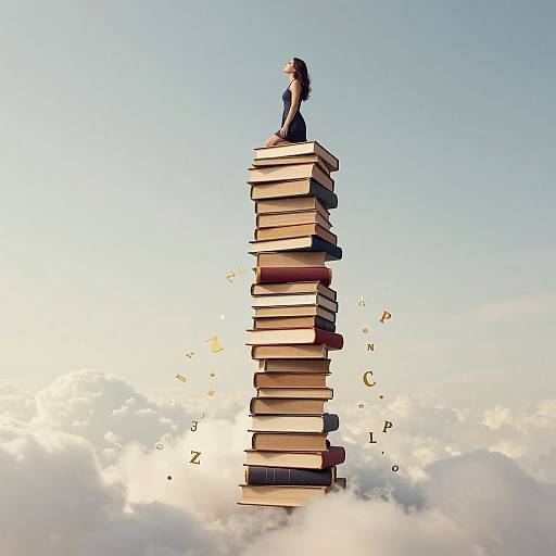 Photograph of a girl with long brown hair, sitting atop a tall stack of books, surrounded by floating letters, against a sky with clouds.