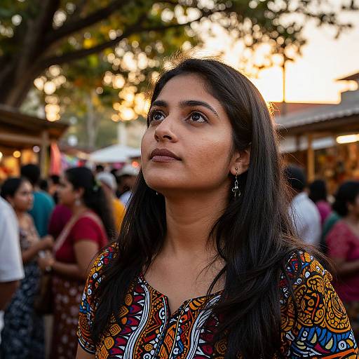 Serene Woman in Vibrant Sunset Market