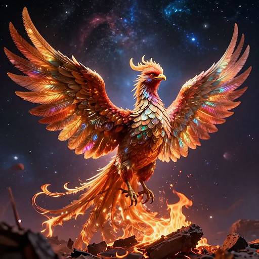 Digital artwork of a vibrant, fiery phoenix with multicolored, glowing feathers, standing on a rocky, blazing inferno under a starry night sky