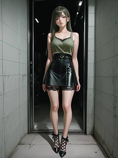 Digital art of an Asian woman with long black hair, green tank top, black leather skirt with lace trim, and black lace-up heels, standing in