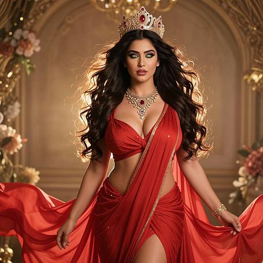 Photograph of a stunning woman with long black hair, wearing a gold crown, red draped dress, revealing cleavage, ornate necklace, and bracelet