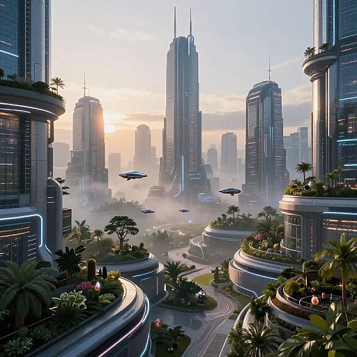 Digital artwork of a futuristic cityscape at sunset, featuring sleek skyscrapers, flying cars, lush greenery, and glowing blue neon accents.