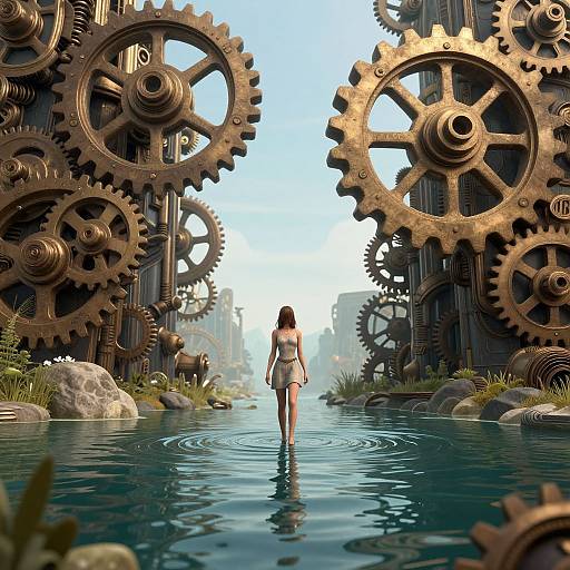 Digital artwork of a woman in a white dress, wading through a water-filled path flanked by giant, rusted gears in a steampunk