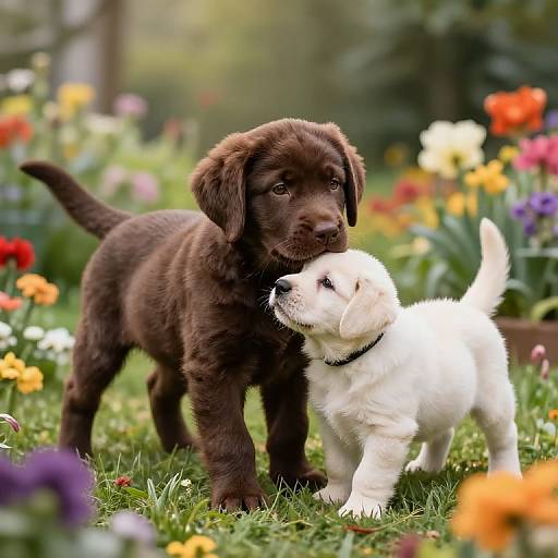 Photograph of two adorable puppies, a dark brown one and a white one, playing in a vibrant, colorful garden with flowers.