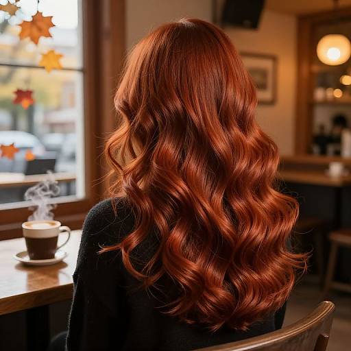 Photograph of a woman with long, wavy, auburn hair, sitting in a cozy café, wearing a black top, with a ste