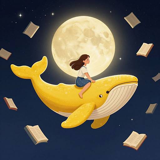 Illustration of a brown-haired girl in a white shirt and blue polka-dot skirt riding a yellow, plush whale under a full moon, surrounded by