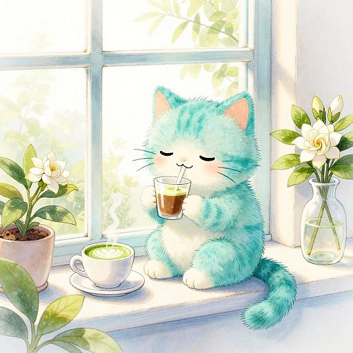 Whimsical Turquoise Kitten on Windowsill